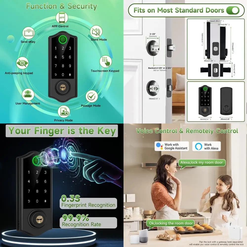 Serratura Intelligente Bluetooth con Maniglia, Accesso tramite App e Tastiera, Facile Installazione, Nera