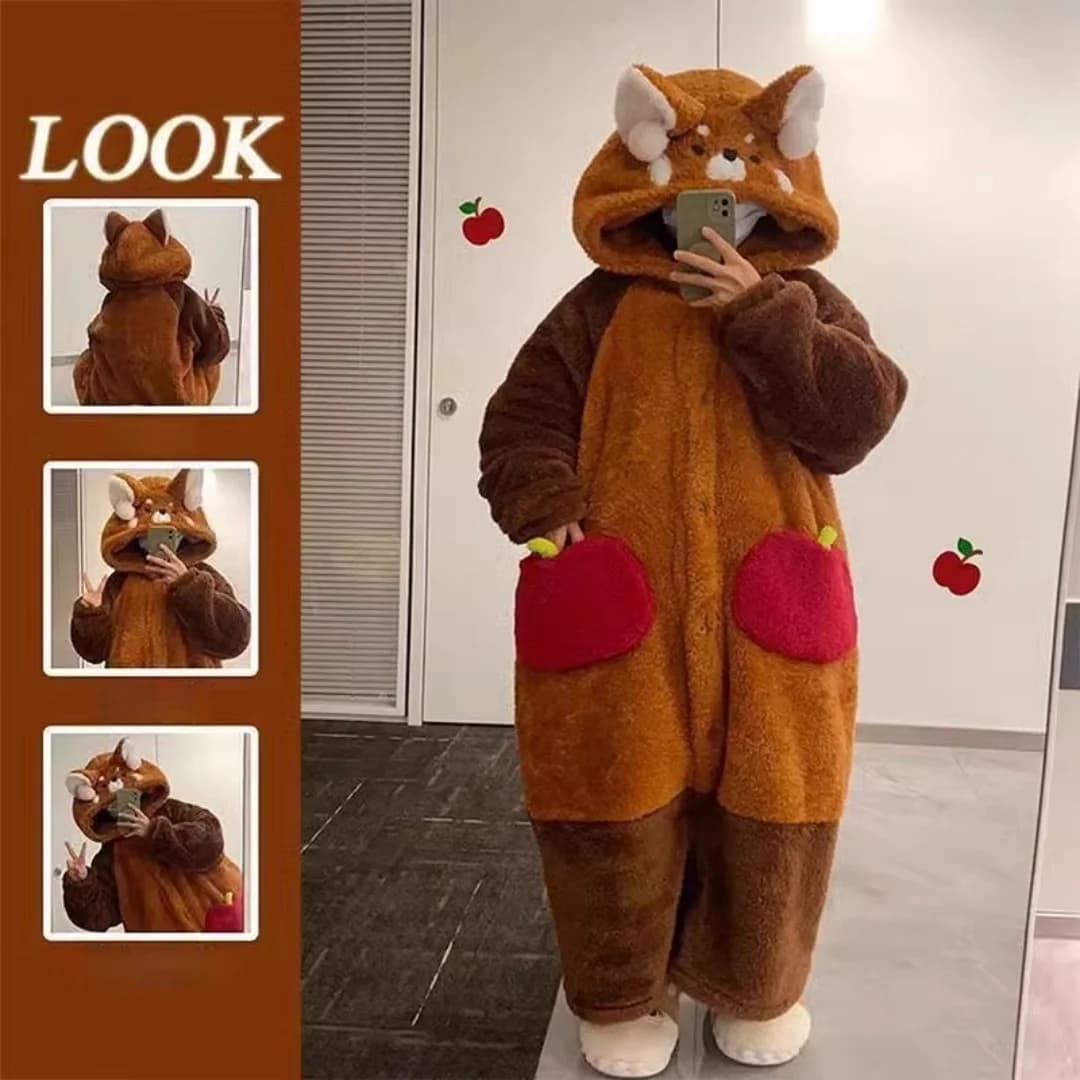 Winter pyjamas Red animated cartoon long warm coral fleece bathrobe Nice raccoon Set to wear for women Halloween Christmas Gifts