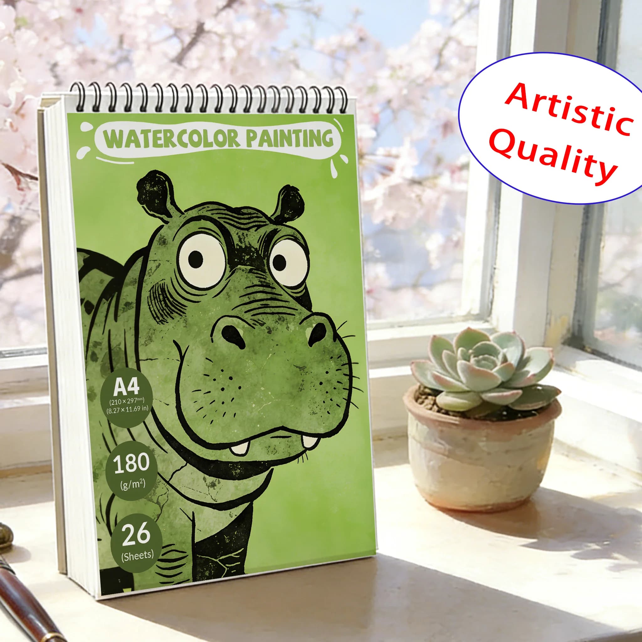 A4 Spiral Watercolor Pad 180gsm, Cartoon Hippopotamus Big Eyes Cover, 26 Sheets Acid-Free Art Sketchbook for Back to School