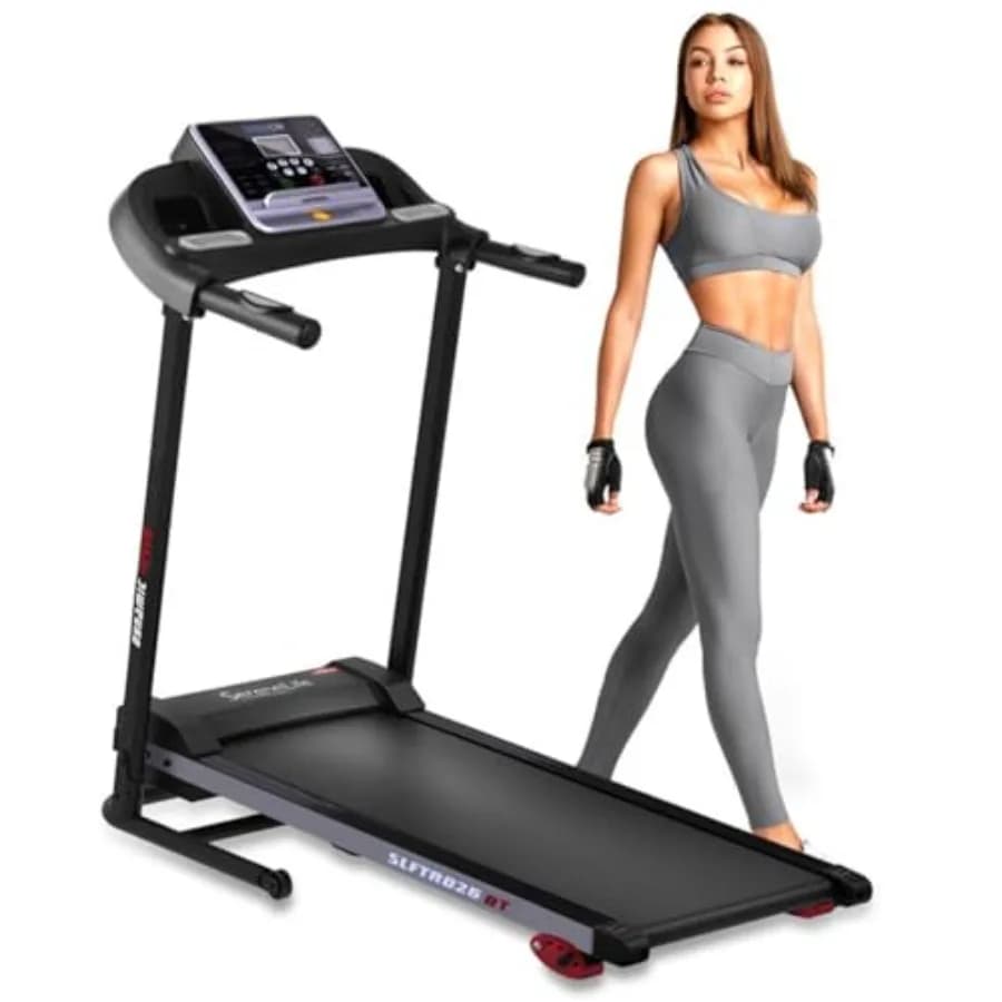 Tapis roulant domestico con maniglie inclinate: tapis roulant compatto e portatile con superficie di corsa larga 40 x 16, Bluetooth, per allenamento.