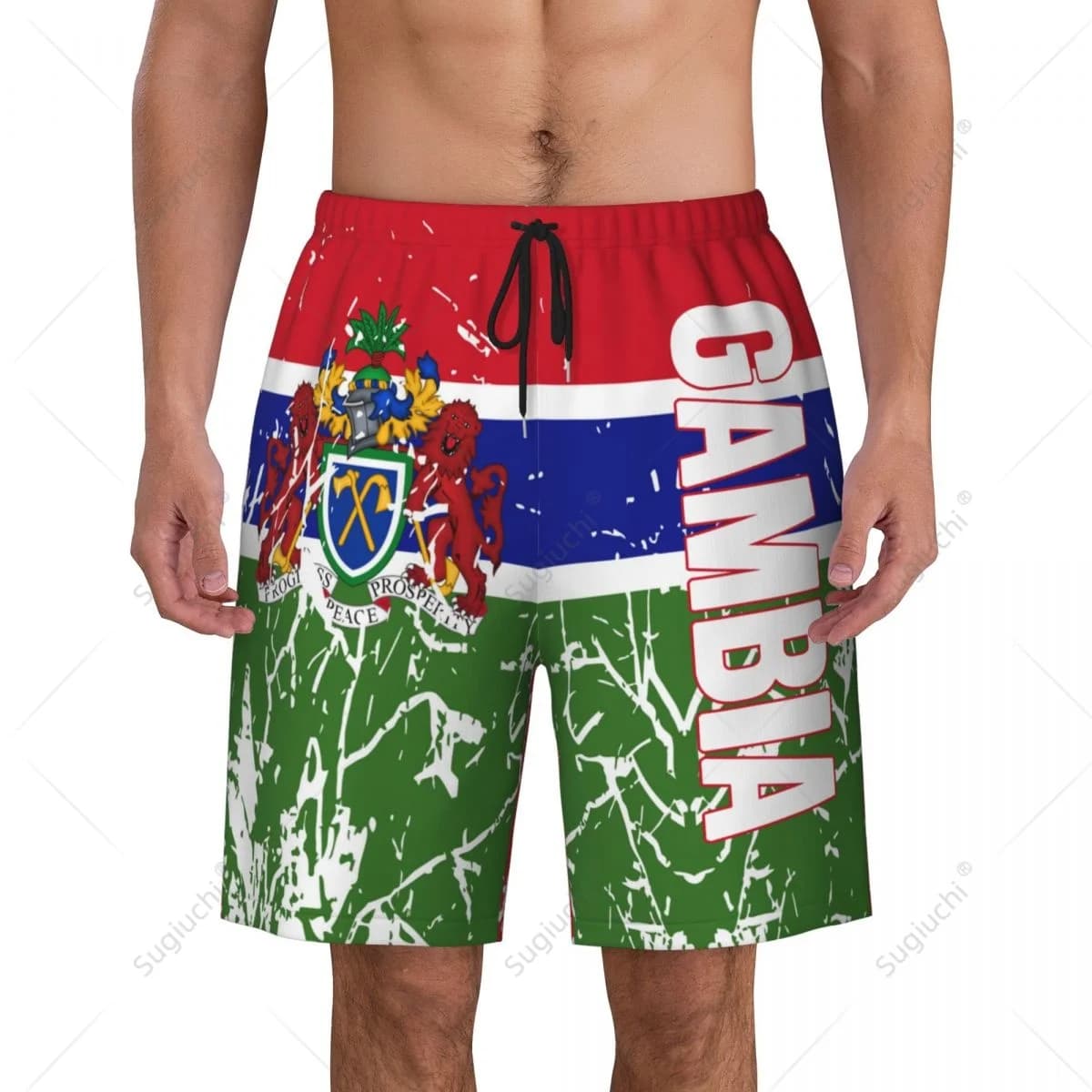 Pantaloni da spiaggia da uomo con bandiera della Gambia Pantaloncini da surf Surf Ragazzi Calcio Ciclismo Costumi da bagno Corsa in poliestere