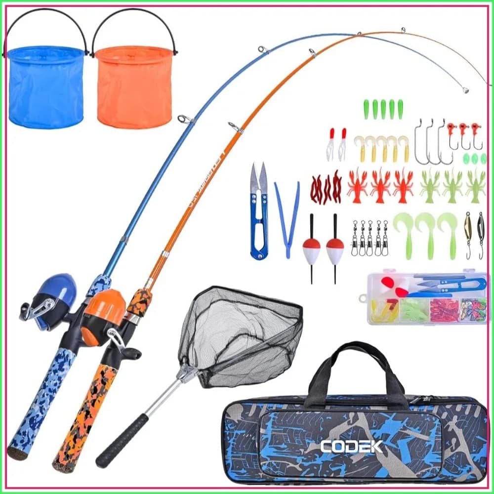 Kids Fishing Pole Set with Full Starter Kits - 2 Telescopic Rods, Spincast Reels, Net & 2 Buckets for Boys & Girls