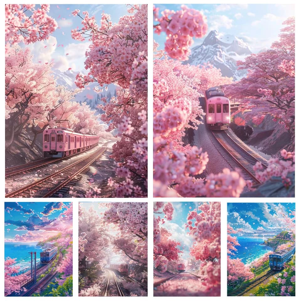 Kit per Pittura Diamante 5D, Mosaico Completo con Diamanti, Tema Fantasia Treno Sakura, Ricamo Paesaggistico, Punto Croce, Decorazione per la Casa