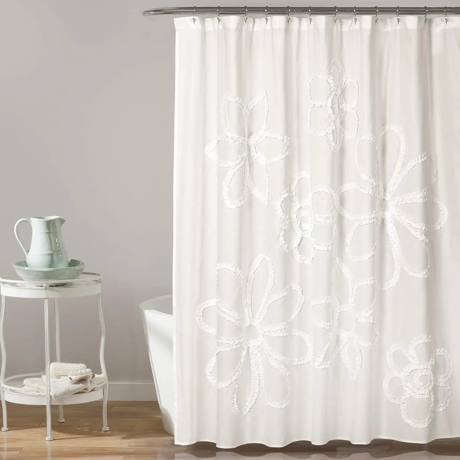 Tenda da Doccia Bianca con Volant e Fiori in Poliestere, 72x72 Pollici, Impermeabile ed Elegante Decorazione per il Bagno