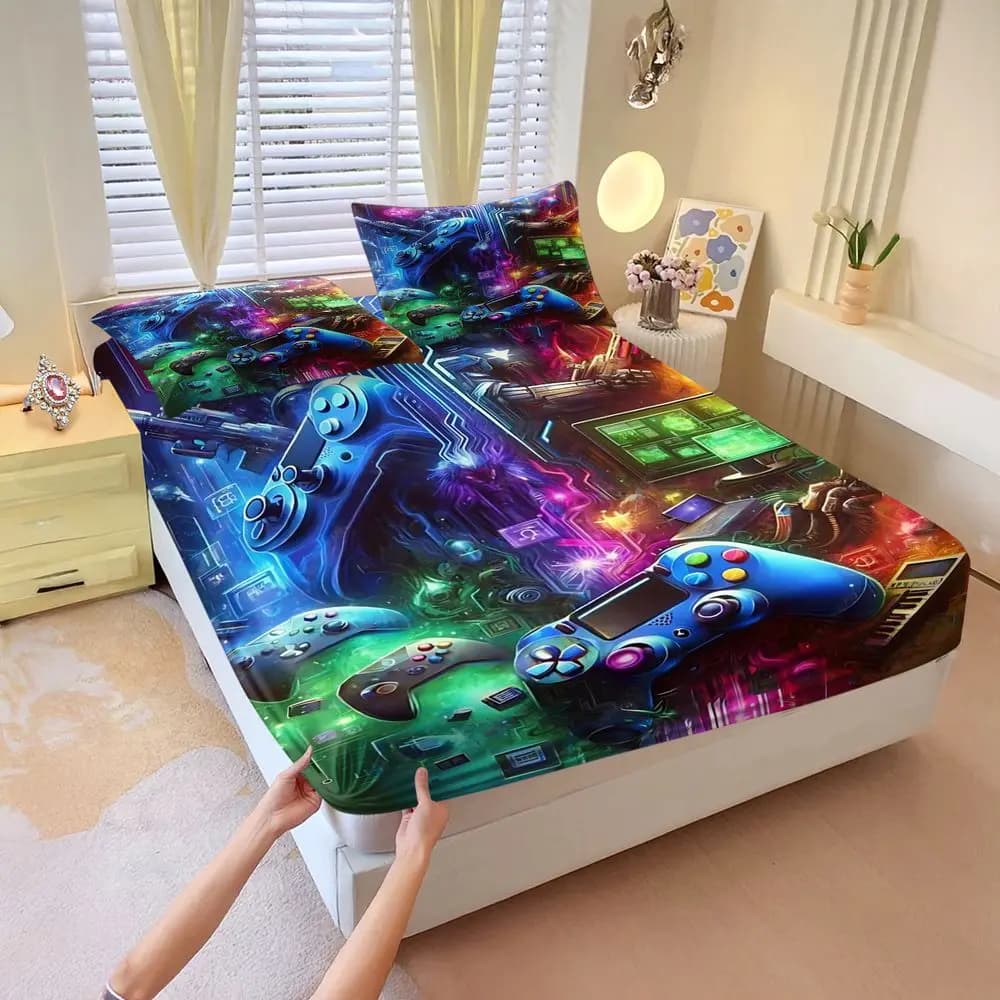 Cyber Game Controller Print Fitted Sheet Set Bed Sheet Set Bedding Set No Fillers Adult Gamer Gaming Room Sheet Set