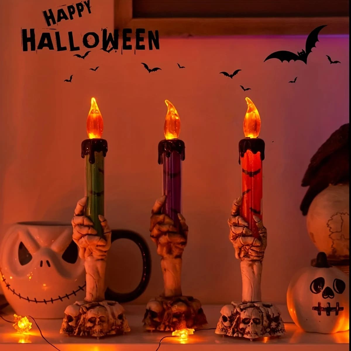 2Pcs Skeleton Holding LED Candles Flameless Flickering Lights Halloween Skull Base Desktop Holiday Decor