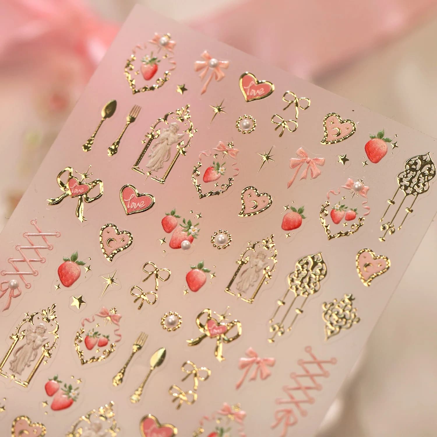 Angel Strawberry 5D Nail Art Stickers Hot Gold Frame Pearl Bow Heart Tableware Stripe Self Adhesive Decals Cute Sweet Manicure