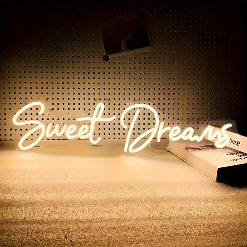 Sweet Dreams Neon Sign Light - Warm White Glow Wall-Mounted Bedside Lighting with Cursive Lettering, Light Room, Gift for Friend