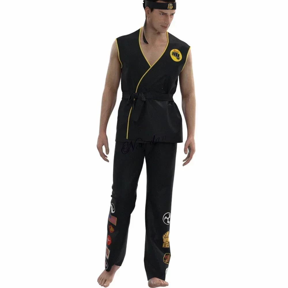 New Japanese Anime Fighter Cosplay Set, Black and White Taekwondo Uniform with Patches for Role Play