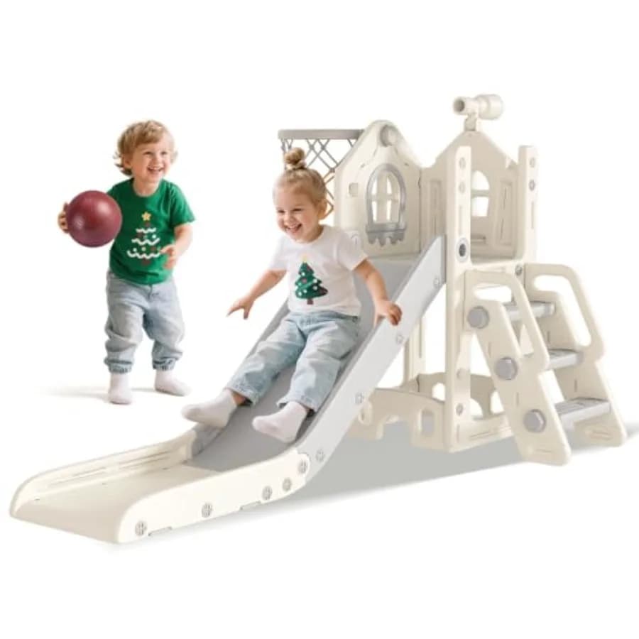 Scivolo per Bambini 6 in 1 - Scivolo a L per Bambini da 1 a 3 Anni con Canestro da Basket, Giocattolo Telescopico e Cuscinetti Antiscivolo, per Interni