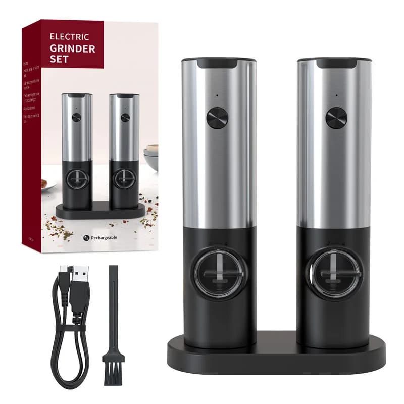 B Electric Salt Pepper Grinder Set AAA Dry Battery USB Rechargeable Stainless Steel Spice Mill With Charging Base Kitchen Gadget