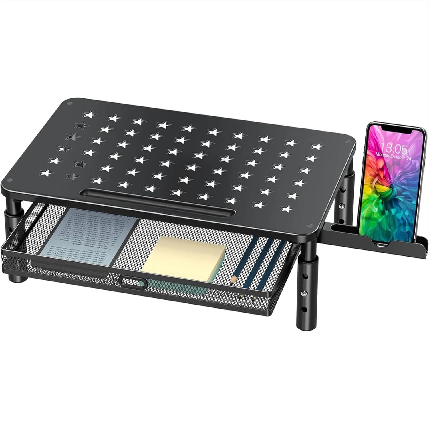 Adjustable Monitor Stand with Mesh Drawer and Phone Holder for Computer Laptop Printer