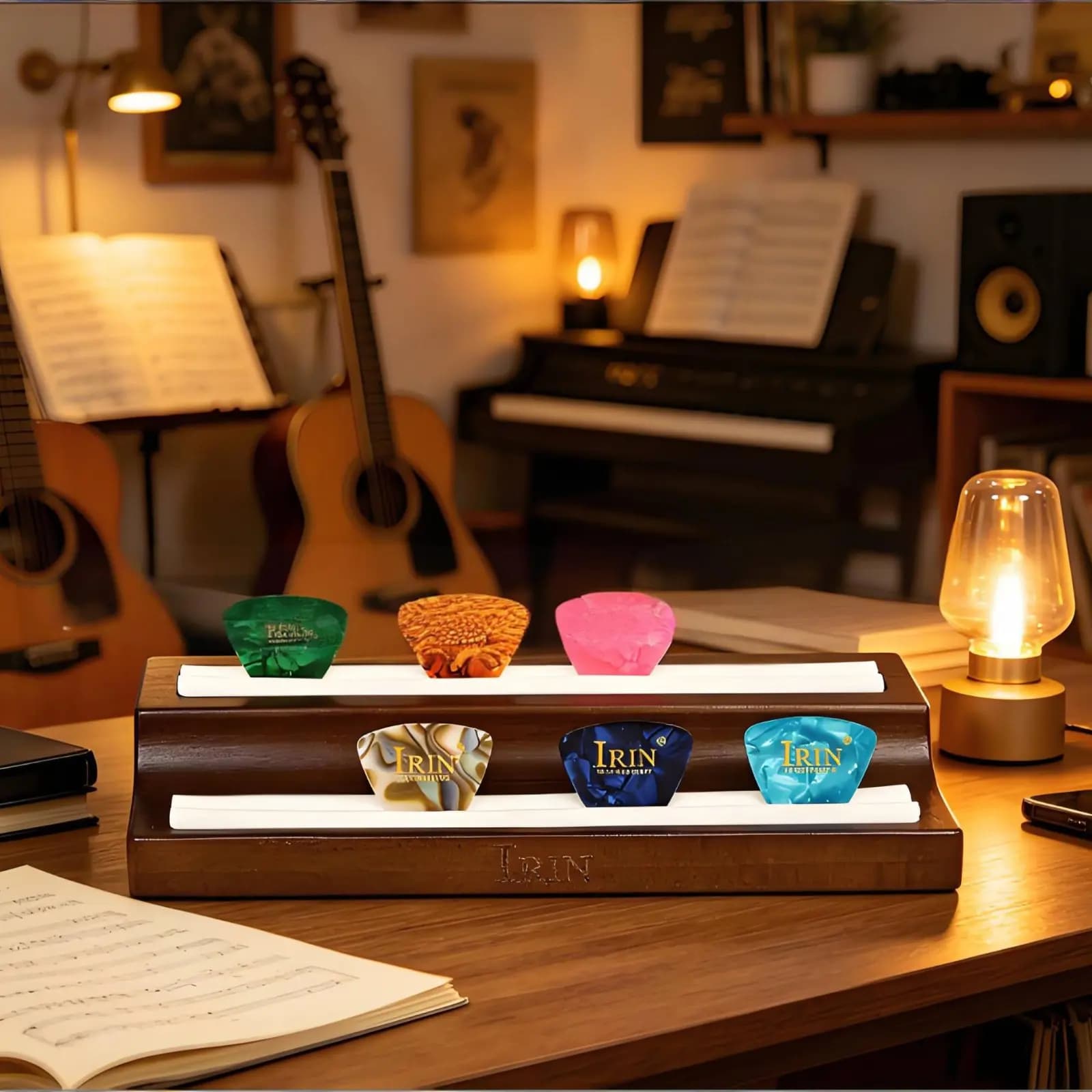 Porta Plettri in Legno con Logo Inciso, Scatola Espositiva per Plettri, Accessorio Musicale, Contenitore Multi-Scomparto Portatile per Insegnanti di Musica