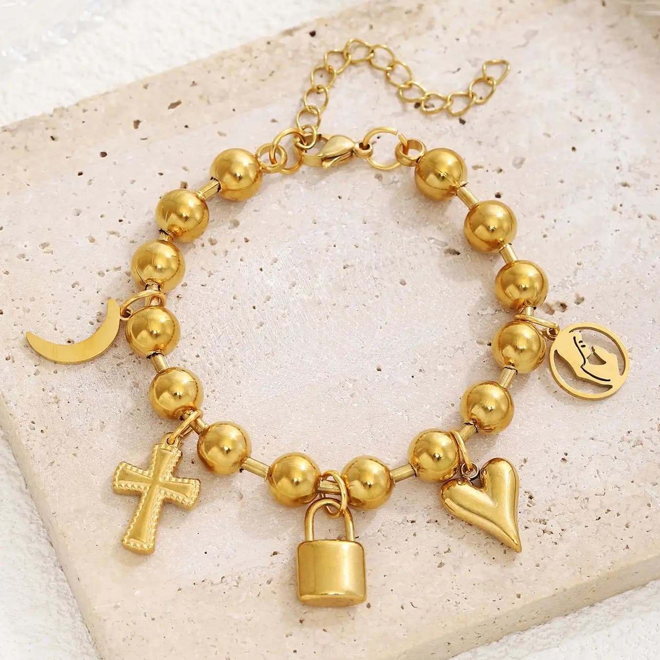 Braccialetti con ciondoli a catena a sfera per donna Bracciale regolabile con lucchetto a forma di cuore dorato in acciaio inossidabile e ciondolo a forma di croce Regalo di gioielli di moda