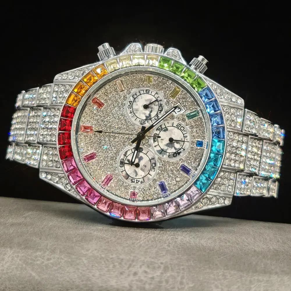 Orologi da ghiaccio alla moda da uomo di marca UNIGUET orologio da polso al quarzo con diamanti arcobaleno di lusso in acciaio inossidabile Hip Hop regalo maschile Dropshipping