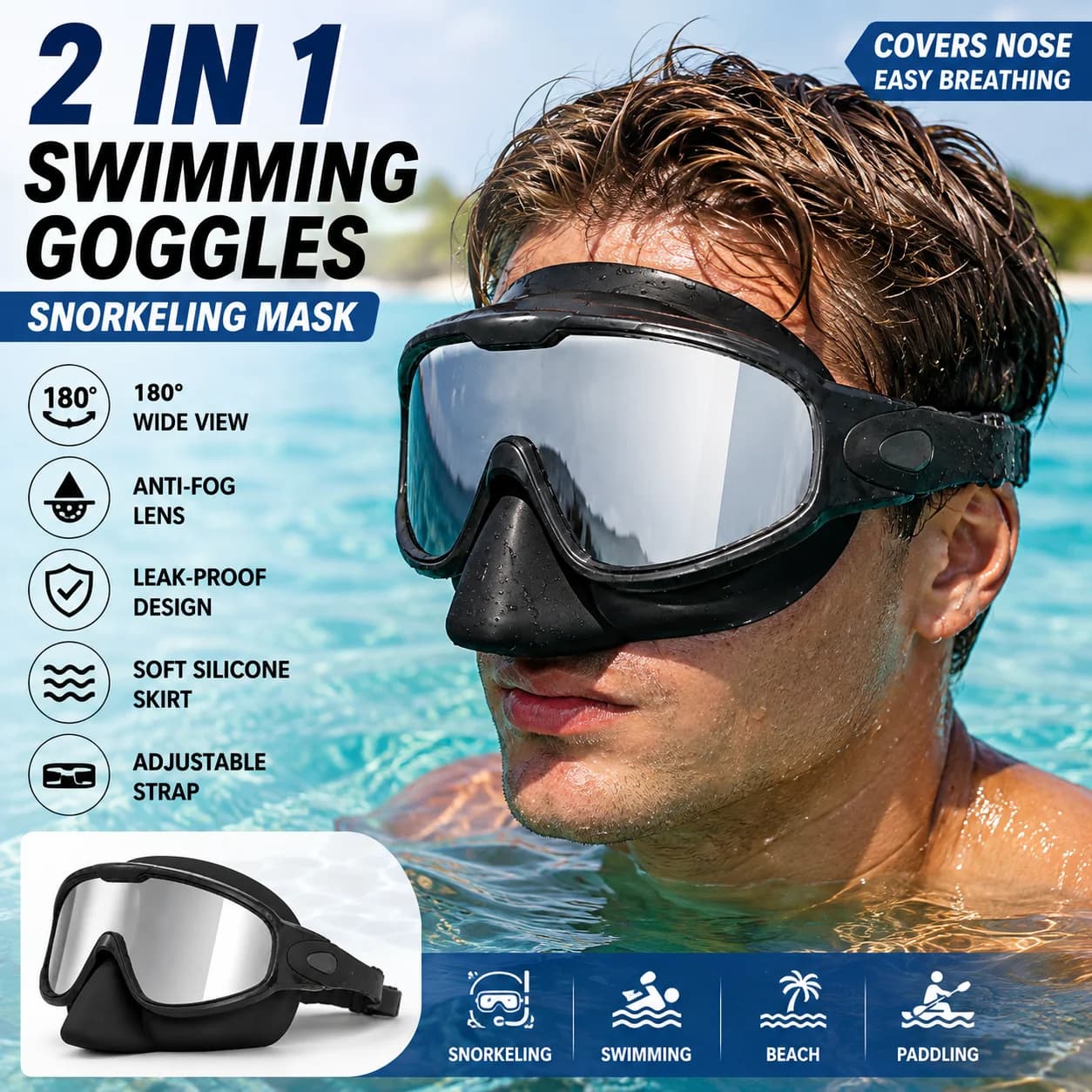 JSJM New Swimming Goggles Diving Mask Anti-Fog Wide View Snorkeling Mask with Nose Cover Soft Silicone Adjustable Strap Case
