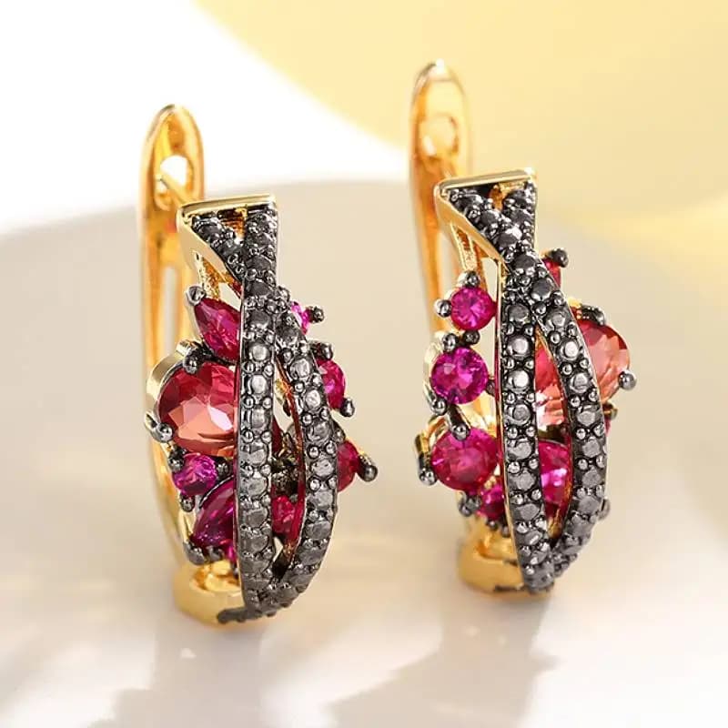 Huitan Women Gold Color Hoop Earrings Inlaid Bright Red CZ Wedding Luxury Accessories Unique Design Trendy Jewelry for Party