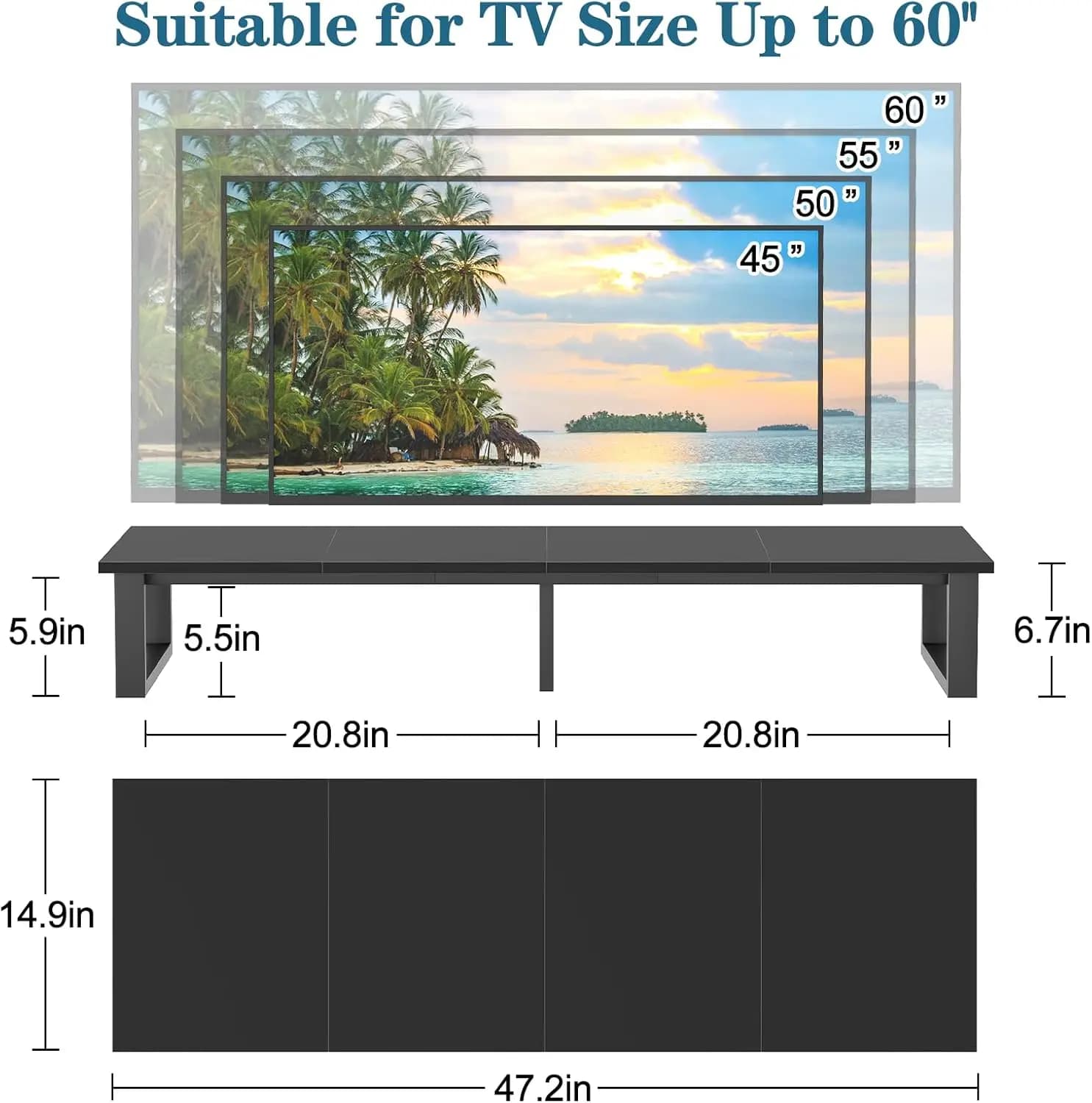 47" TV stand for 32-60 inch TV with solid black frame and black oak wood, long home office TV stand, monitor table