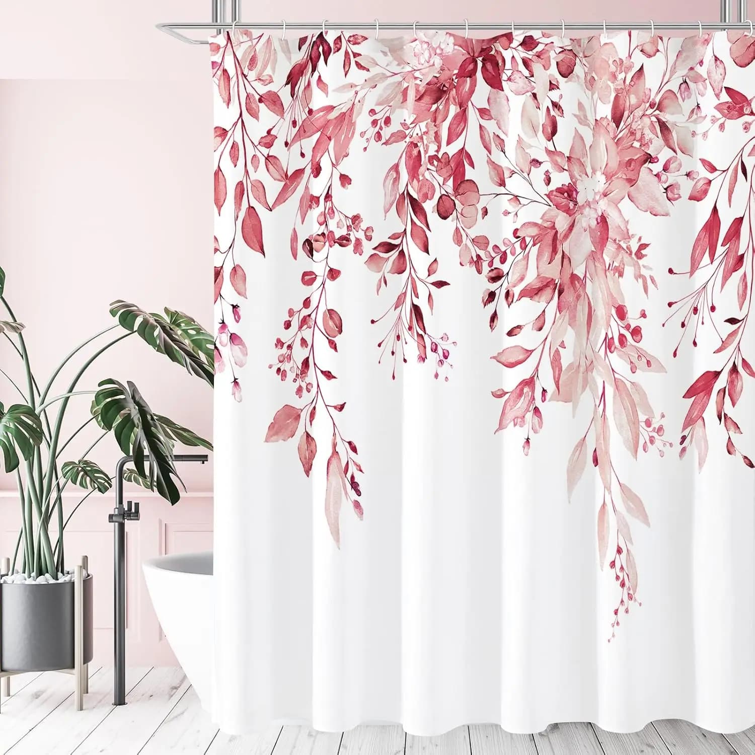 Tenda da doccia Gibelle in eucalipto rosa, foglie di piante acquerello con set di tende da doccia floreali per bagno con ganci, 72x72