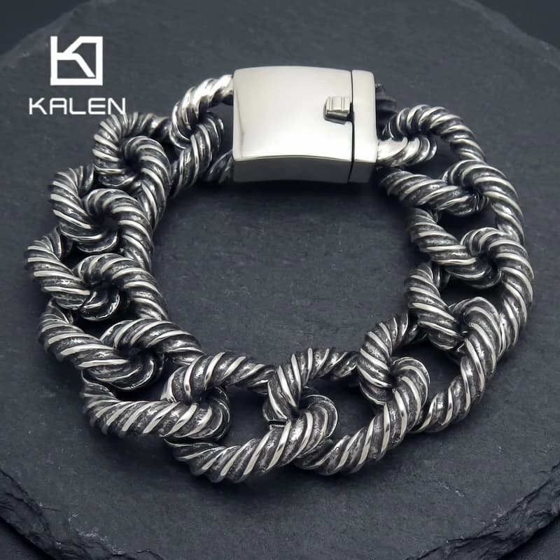 Kalen 20mm Vintage Twisted Cable Link Bracelet for Men Punk Larger Stainless Steel Biker Party Jewelry Waterproof Metal Gifts