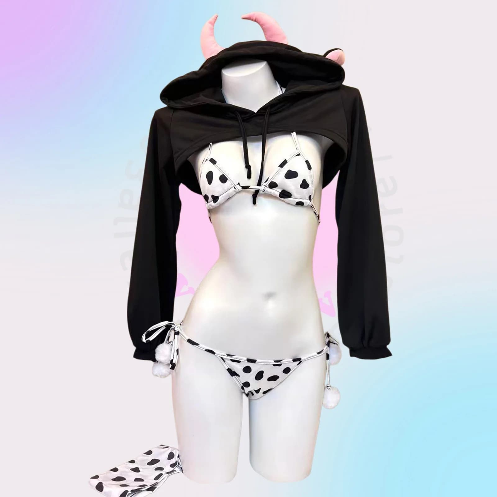 AniLV Anime Kawaii Women Cute Cow Bikini Hooded Short Hoodie Uniform Outfit Cosplay Costumes