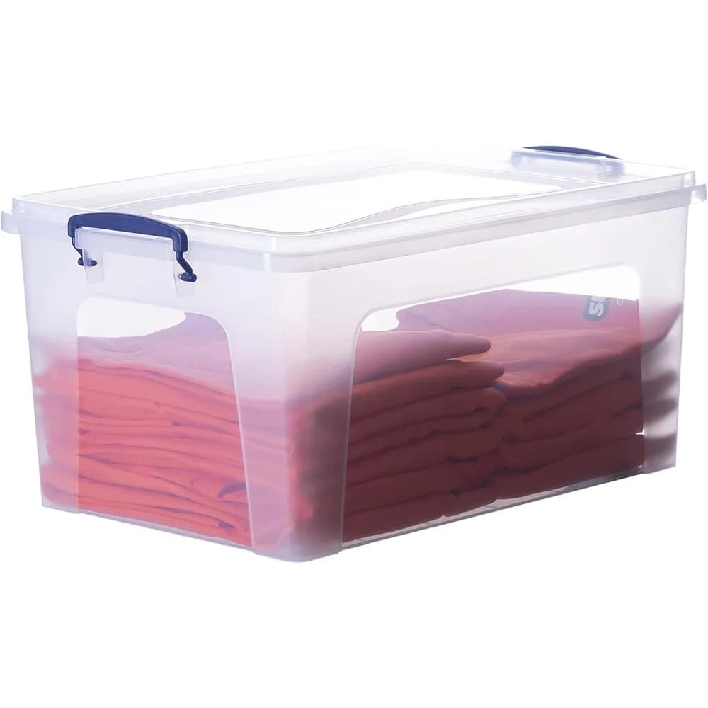 Scatola portaoggetti in plastica trasparente con coperchio e lucchetto, custodia da trasporto in plastica impilabile, adatta per casa, garage, scuola e ufficio