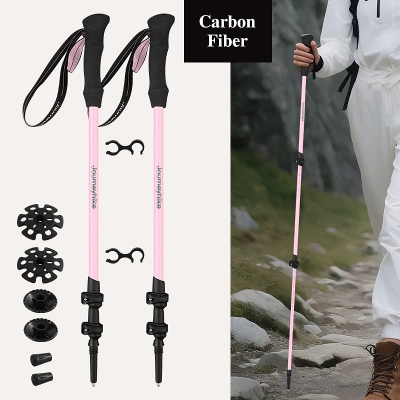 Trekking poles in Pink Carbon Fiber, Ultralight, Adjustable Length, Unisex, for Camping and Climbing in Mountain