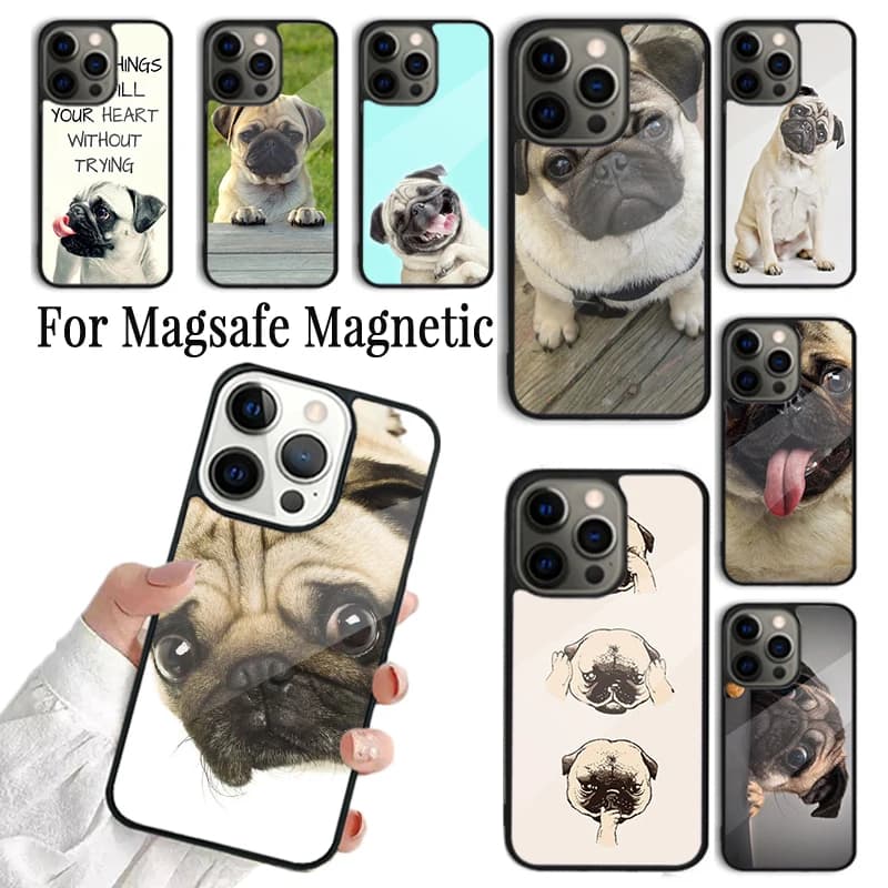 Cover per telefono con design Cane Pug Originale e Divertente per iPhone 17 AIR 16 15 14 13 12 11 Pro Max Plus, compatibile con ricarica wireless e Magsafe