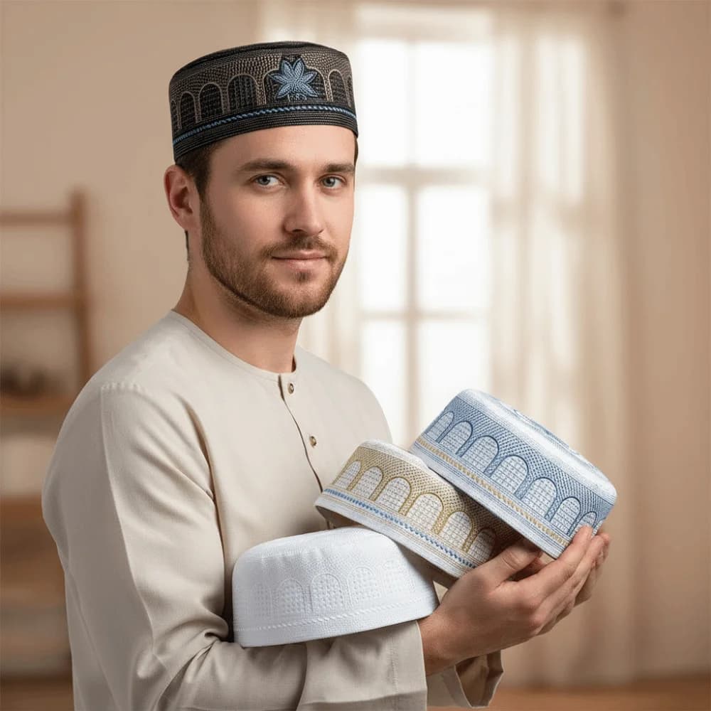 Traditional Muslim Ethnic Hat with Embroidery, Cotton Design, Round Shape, Saudi Arabian Style, Islamic Pair for Prayer