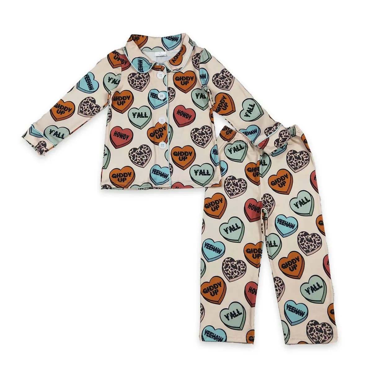 Vendita all'ingrosso per bambini a maniche lunghe con cuori e bottoni, camicia, pantaloni, pigiama per neonato, set per San Valentino, indumenti da notte per bambini