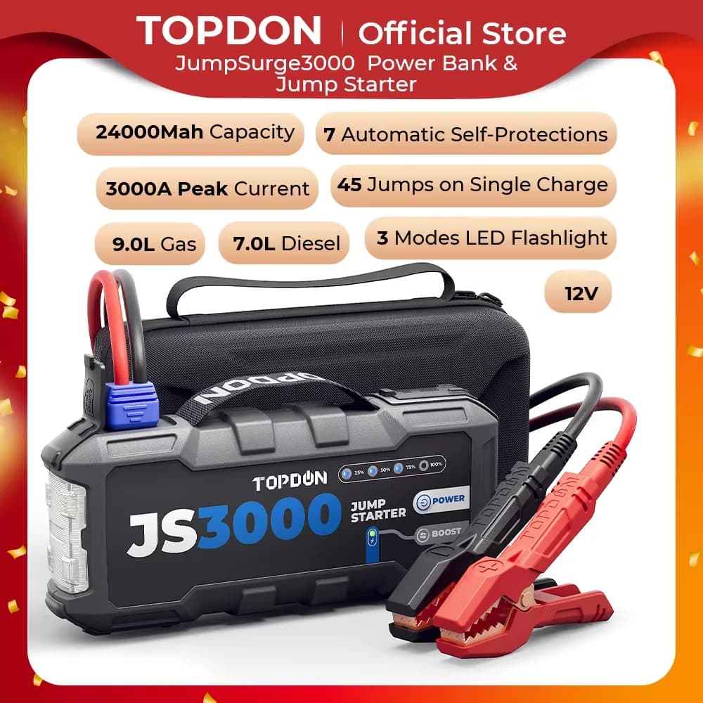 Topdon JS3000 3000A Emergency Starter for Car Accumulators and Battery Chargers 12V Car Starter Device 24000Mah Car Starter Battery Booster