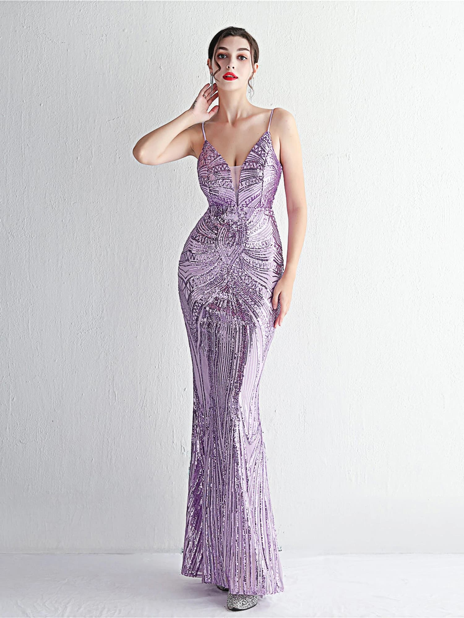 Nuovo Abito da Sera Lungo con Cinturino Viola 2026, Stile Sexy a Vita Media con Cerniera, Ricamo di Paillettes, per Spettacoli e Feste