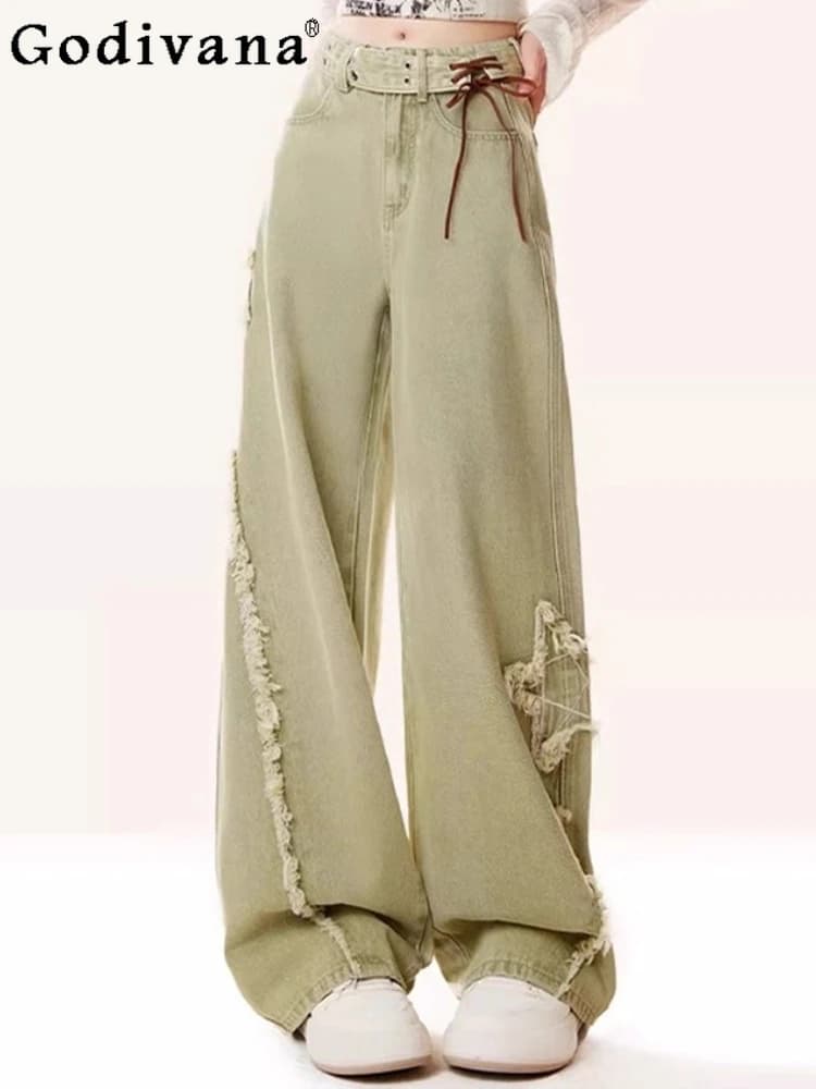 Jeans embroidered with large chic American green star Girls sweet and fresh Versatile wide pants high waist spring retro
