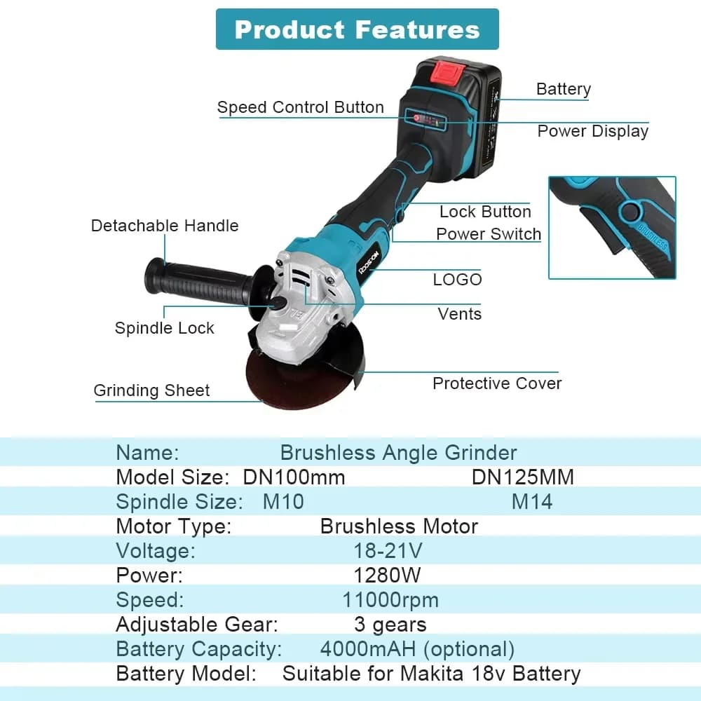 125/100mm Angle Grinder Brushless Variable 3-Speed Lithium-Ion Grinding Cutting Machine Polisher Power Tool For Makita Battery
