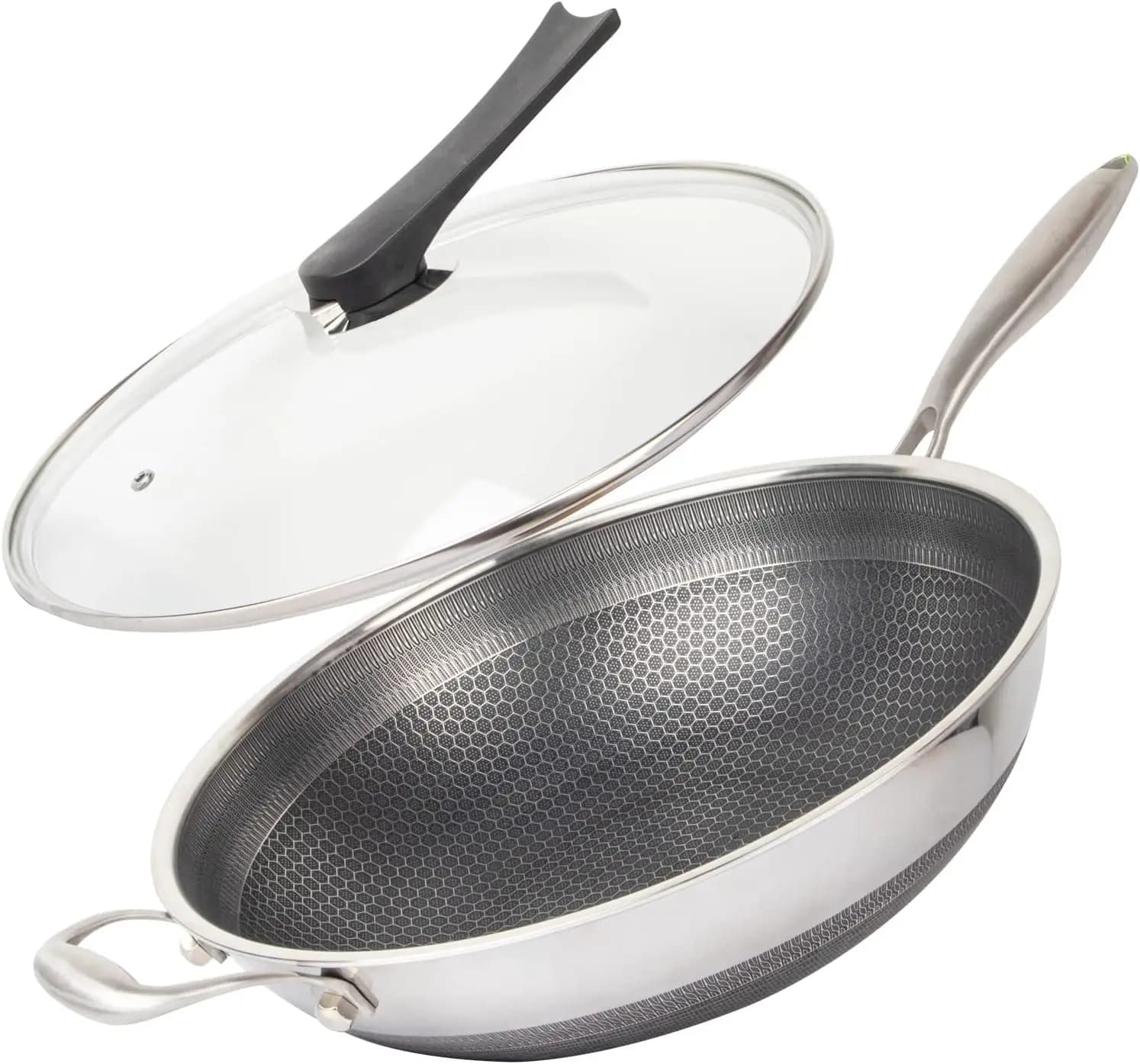 Wok Antiaderente a Nido d'Ape da 14 Pollici, Padella in Acciaio Inox per Stir-fry con Coperchio, Senza PFOA, Adatta per Induzione