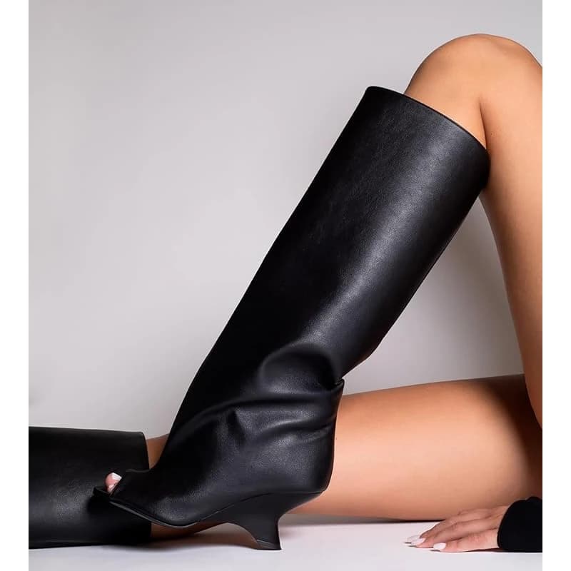 Stivali Neri Estivi con Tacco a Punta Aperta da Donna, Stivali Invernali 2026 Slip-On con Tacco Alto al Ginocchio per Donna