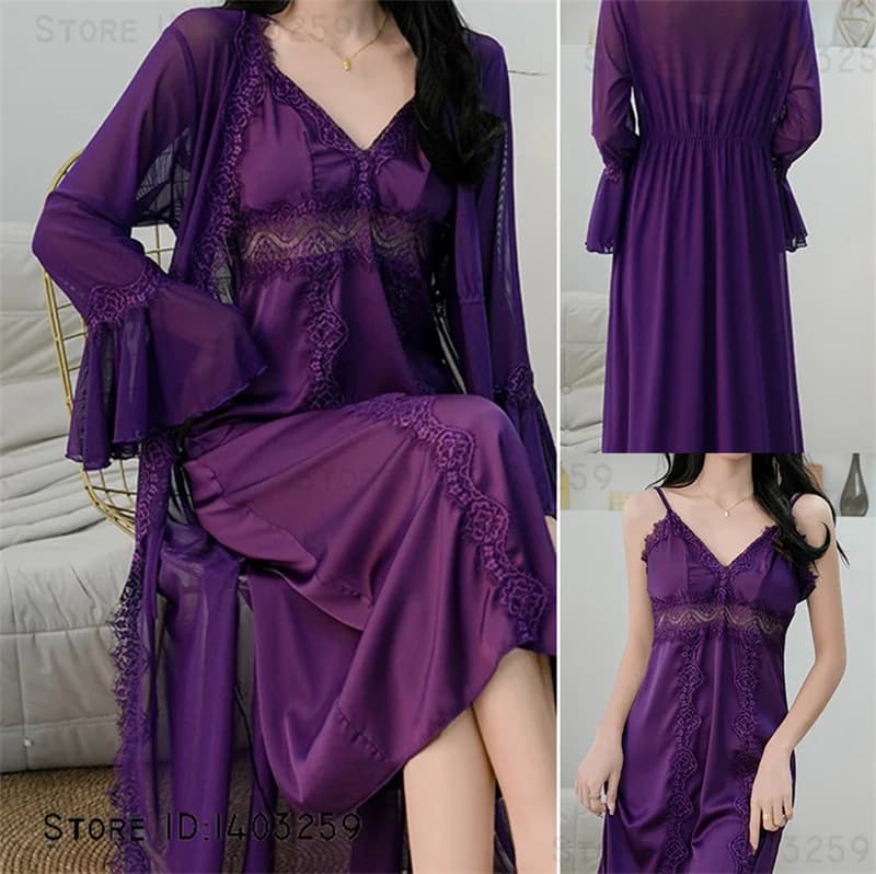 Abito lungo femminile Twinset Robe Set Abito sexy Patchwork Reggicalze in pizzo Camicia da notte Intimo Lingerie Nuovo Indumenti da notte in seta ghiacciata Homewear