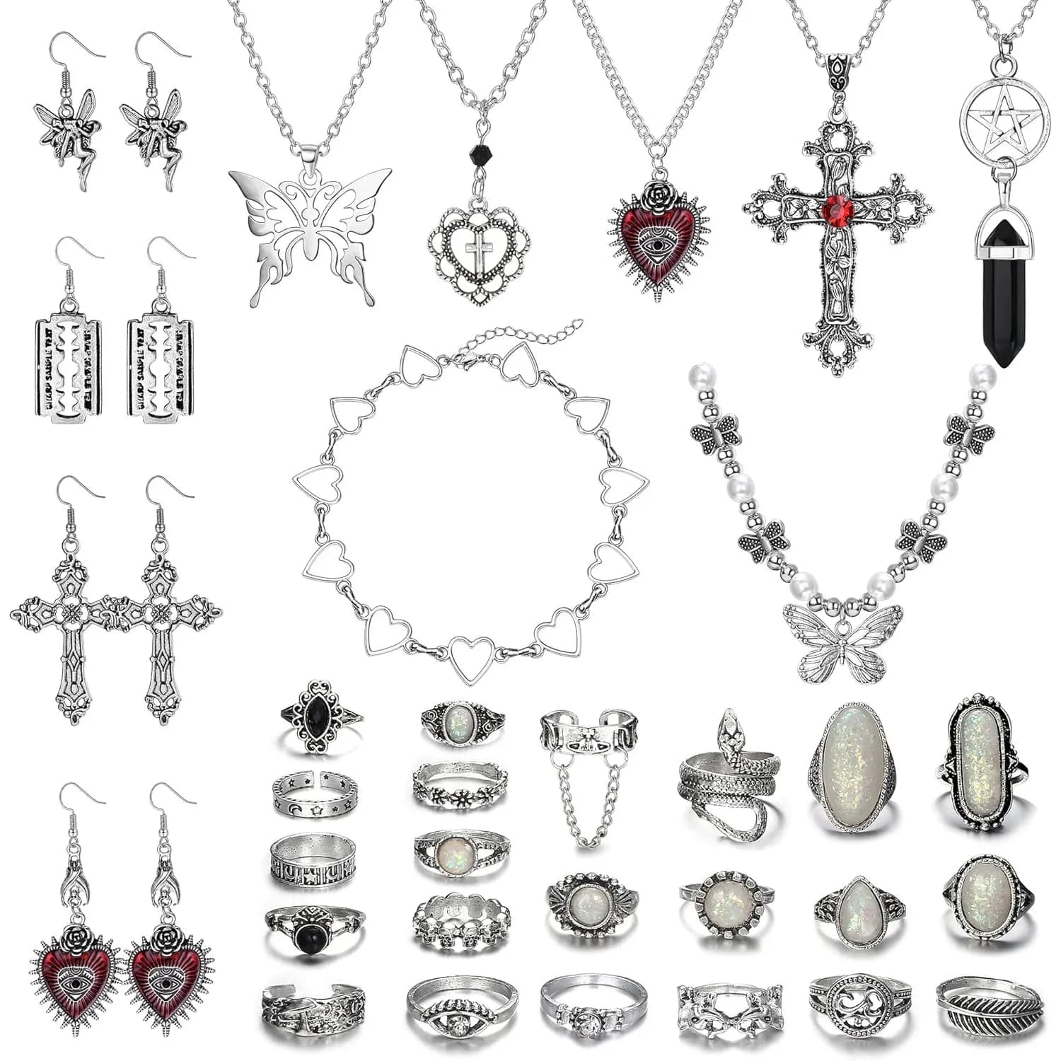 33 pieces vintage necklace jewelry set for women gothic earrings heart butterfly boho Y2k cross pendant stackable rings Halloween