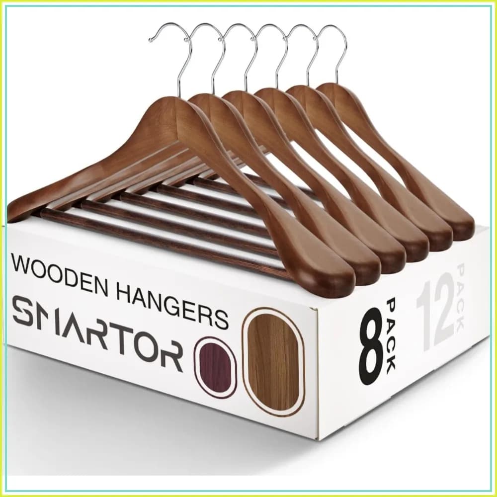 8 Pack Wooden Suit Hangers with Non Slip Pant Bar, Wide Shoulder for Suits Coats Jackets