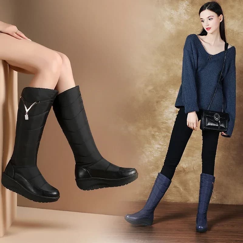 Women Snow Boots Winter Warm Fur Down Waterproof Black Red Blue Casual Outdoor Wedge Heel Metal Dec Lady Platform Boots HXYLY