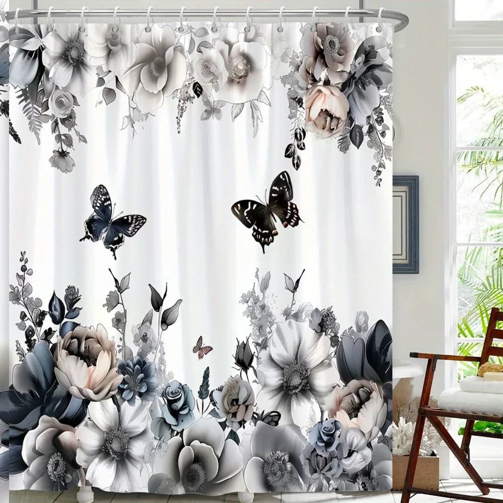 1 elegante tenda da doccia a farfalla floreale solida - stile botanico vintage, bianco, grigio e blu, lavabile in lavatrice, con ganci
