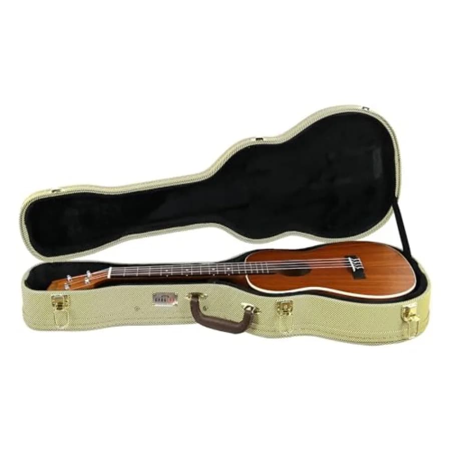 Baritone ukulele case for travel and storage, wood construction, tweed exterior, secure lock-and-key closure, PVC handle, plush