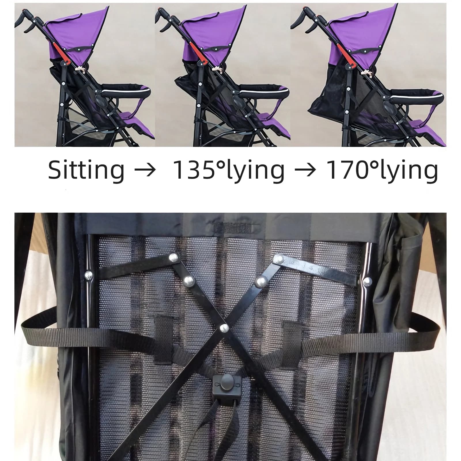 Stroller Adjustable Harness One-Push Lock Belt Pram Carriage Seat Recline Handle Strap with Quick-Release Button