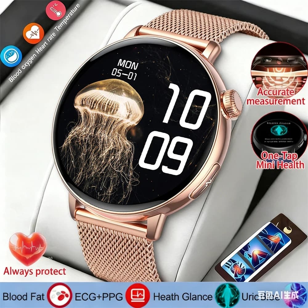 Smartwatch for health with nursing functions, AMOLED HD screen, waterproof IP68, blood pressure measurement, Bluetooth calls, smart watch for woman, fashionable watch.