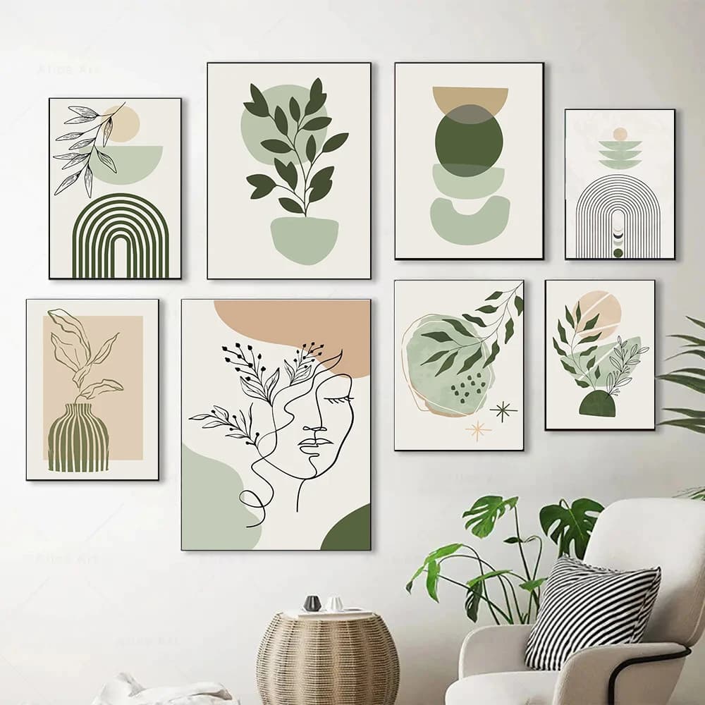 Boho Sage Green Plants Poster opera d'arte astratta geometrica Wall Art Canvas Painting Nordic Art Poster soggiorno Home Decor