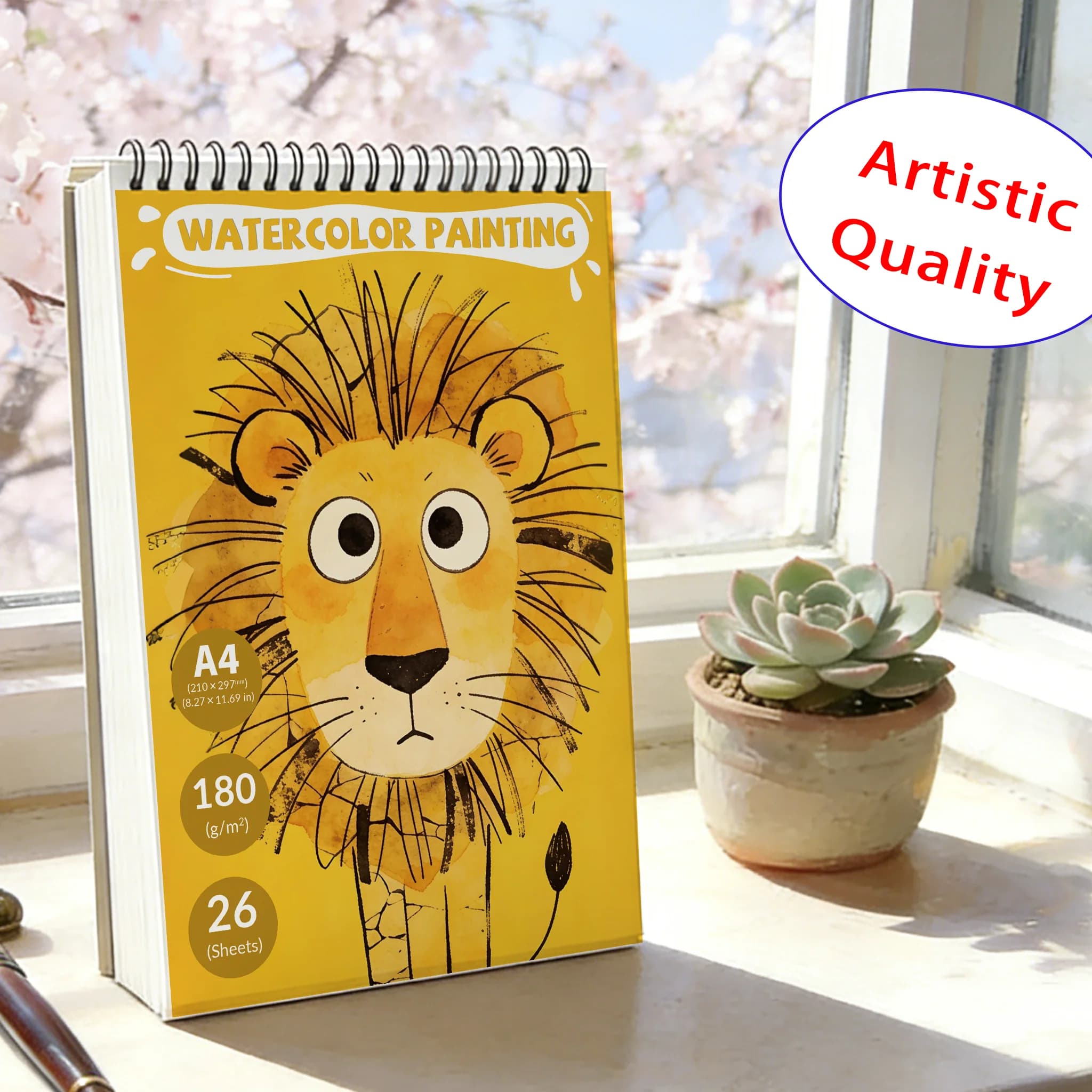 A4 Spiral Watercolor Pad 180gsm, Cartoon Lion Big Eyes Cover, 26 Sheets Acid-Free Art Sketchbook for Back to School & Gifti