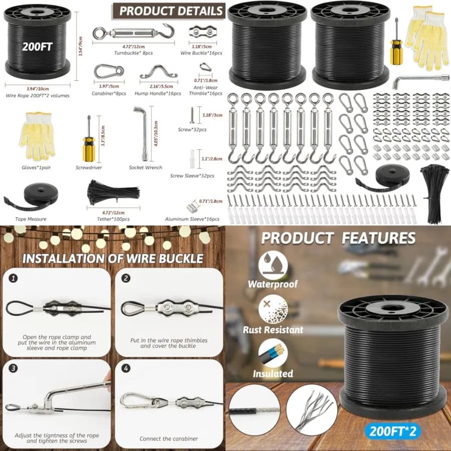 Kit per Luci a Corda da 400 Piedi per Esterni, Cavo in Acciaio Inox 304 Rivestito in Nylon, Kit Luci a Corda con Accessori Inclusi