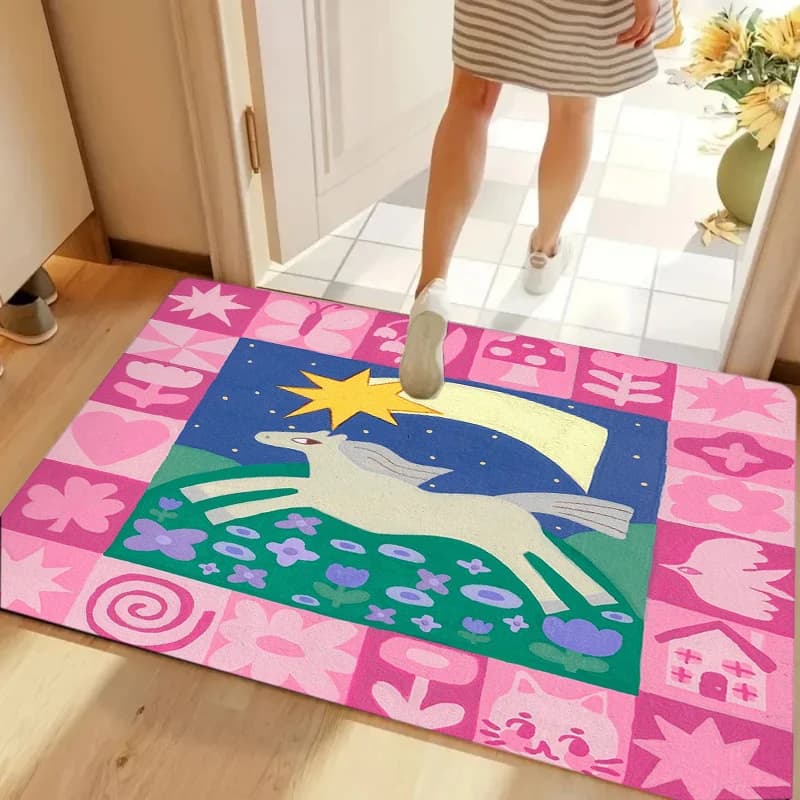 Simpatico tappetino antiscivolo lavabile rosa viola con unicorno e stelle per la cameretta dei bambini, l'ingresso, il bagno e la decorazione della casa