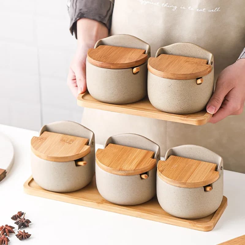 Ceramic Bamboo Wooden Lid Seasoning Jar Seasoning Box Kitchen Seasoning Storage Jar Restaurant Household Salt Sugar Jar Set
