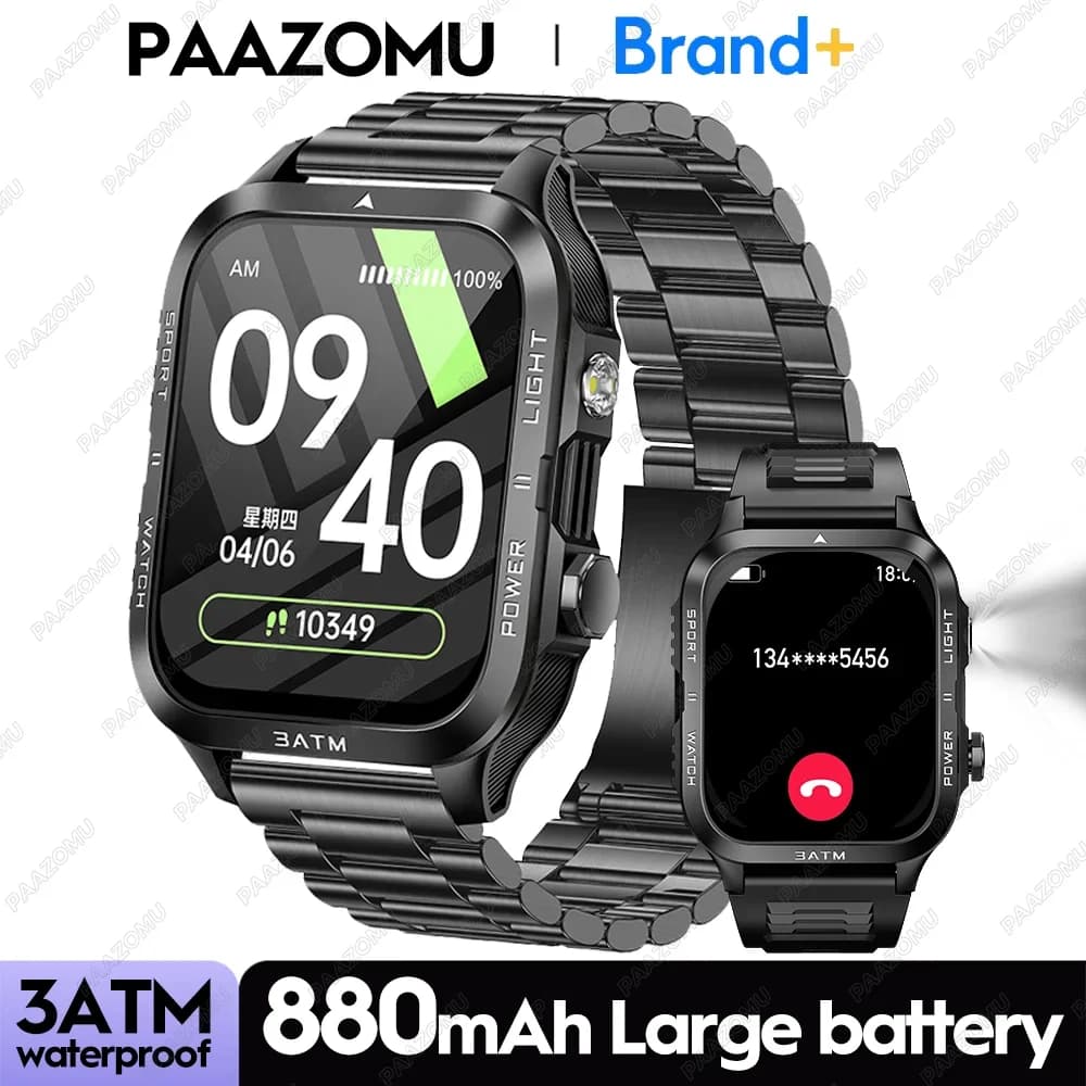 New Smartwatch 2026 with 880mAh Ultra Battery, 1.96'' HD Screen, GPS, 3ATM Waterproof, Bluetooth Calls, Health Monitoring, Flashlight